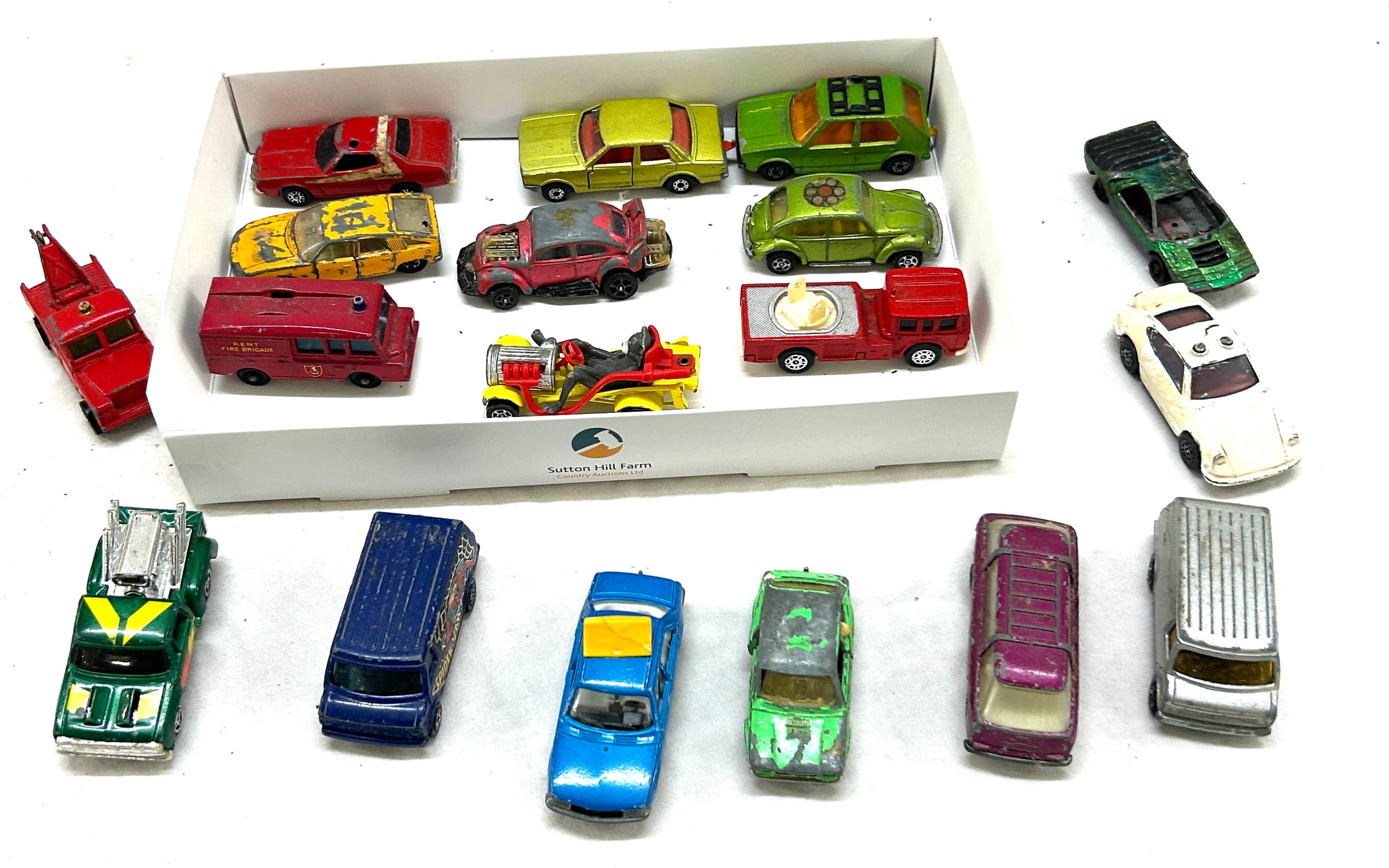 Large selection of vintage diecast cars includes Matchbox, corgi cars etc