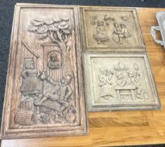 Wooden carved wall hanging plaques largest measures approx 25 inches long by 12 inches wide