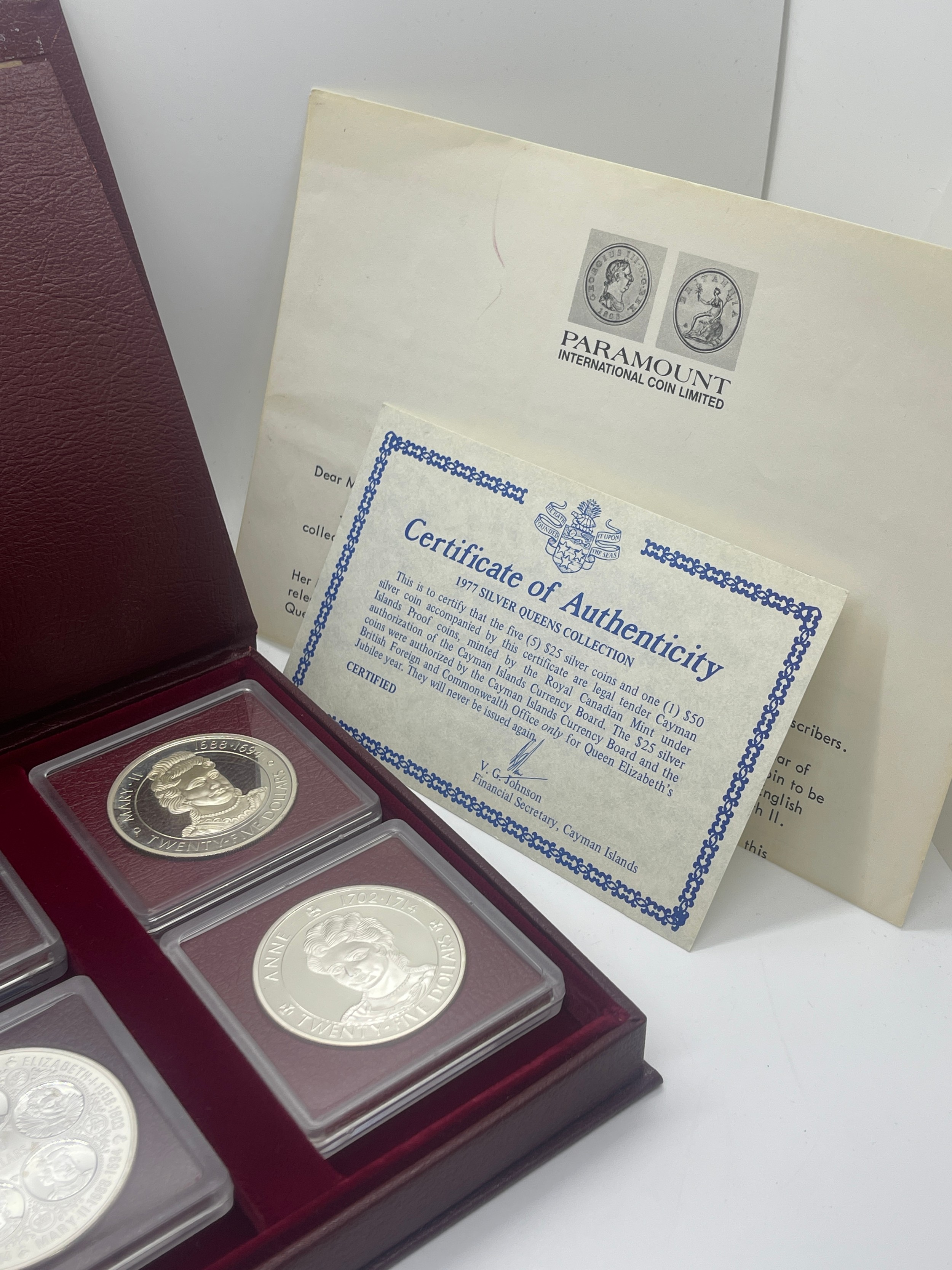 Boxed the Cayman island silver queens collection 1977 coin set with COA - Image 5 of 5