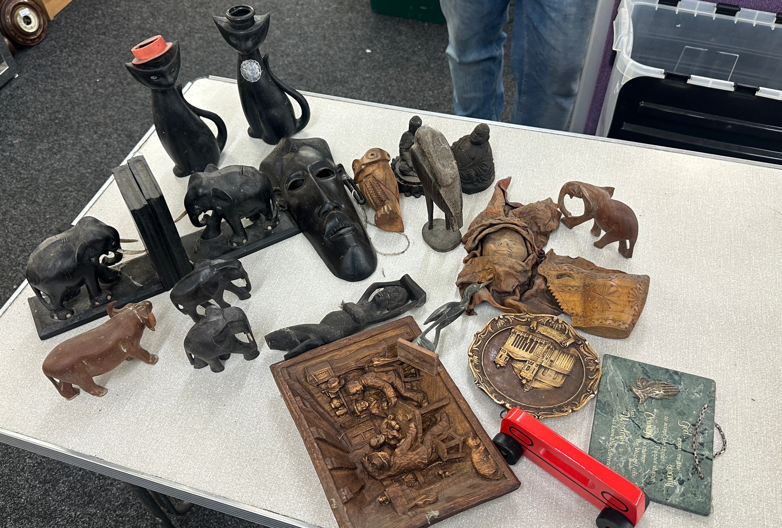 Selection of carved wooden items