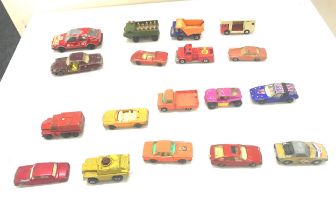 Large selection of vintage dye cast cars includes Matchbox, corgi cars etc