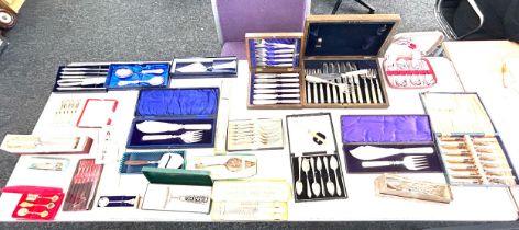 Large selection of vintage cased cutlery sets, silver plated, steel etc