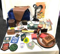 Box of miscellaneous to includes Vintage lamp, silver plated ware, binoculars, Chinese Olympic