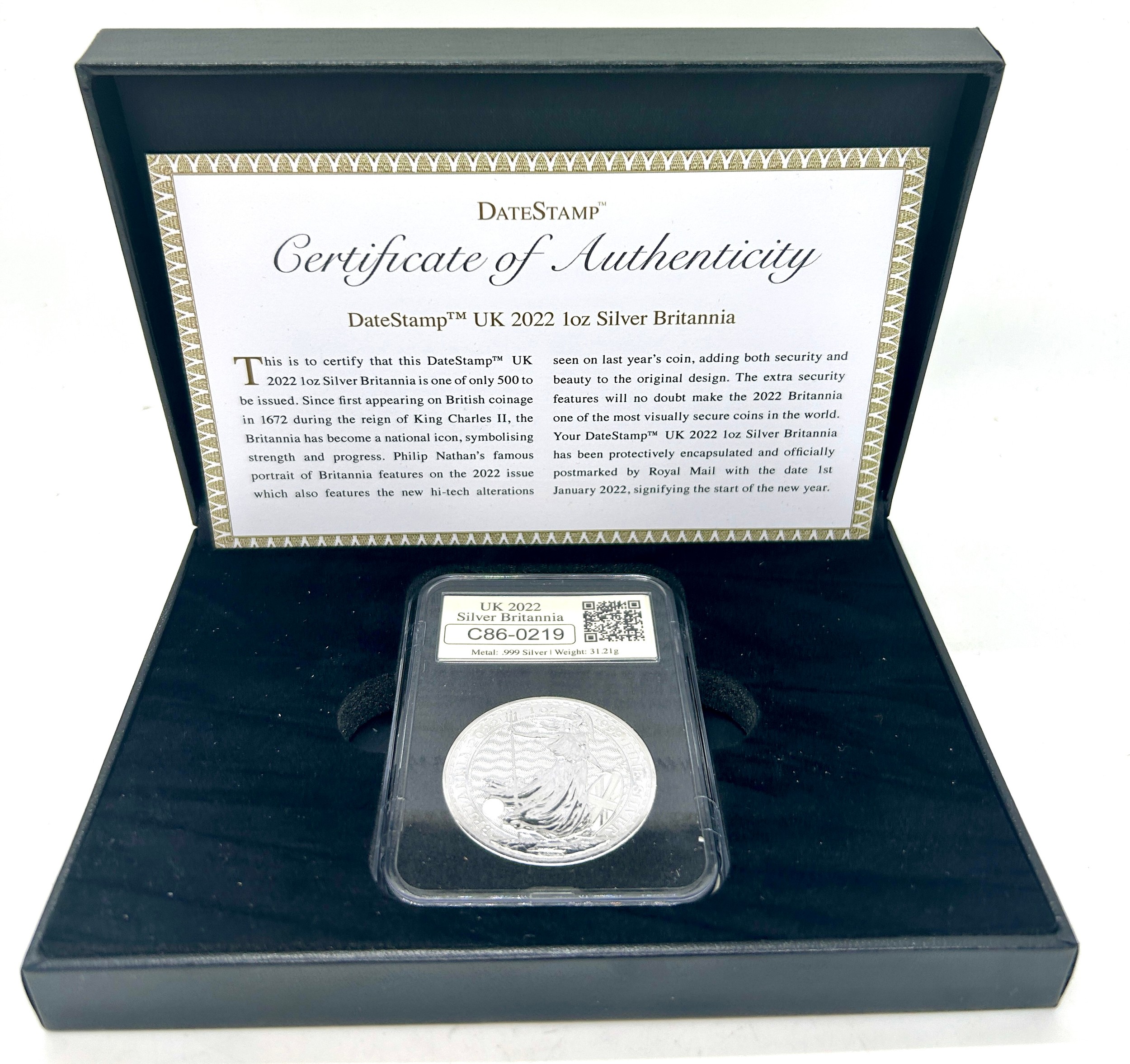 Cased Datestamp UK 2022 1oz Silver Britannia year of issue 2022 with COA