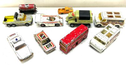 Large selection of vintage dye cast cars includes Matchbox, corgi cars etc