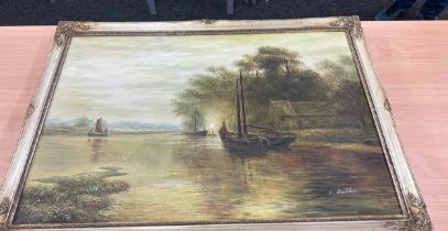 Gilt framed oil on canvas signed L.Butler measures approx 39 inches wide by 27 tall