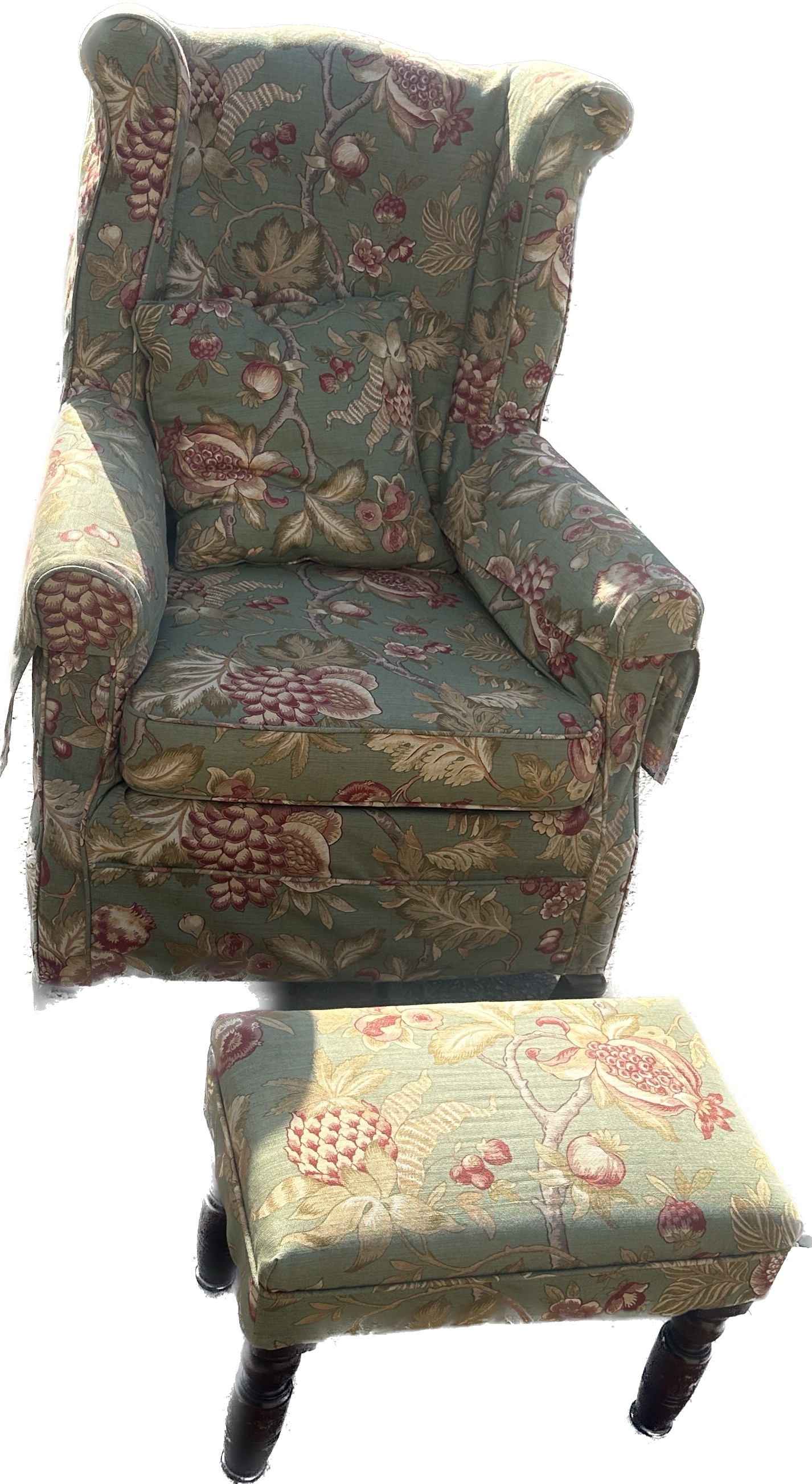 Antique reupholstered fire side chair and foot stool