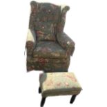 Antique reupholstered fire side chair and foot stool