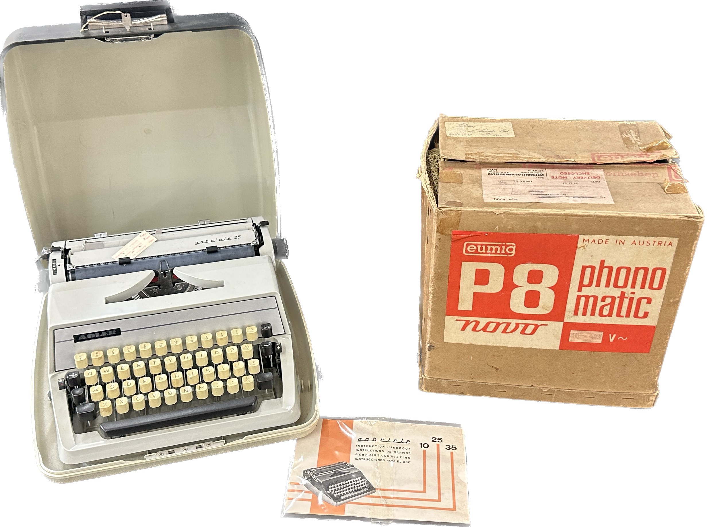 Cased Gabriele 25 typewriter, Eumig P 8 phonomatic projector, both untested