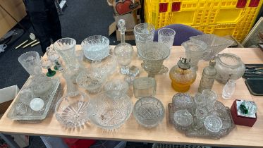 Large selection of glassware includes vases, decanters etc