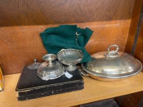 Selection of silver plate includes cutlery and a silver whisky tag etc