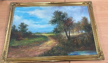 Gilt framed oil on canvas signed measures approx 39 inches wide x 27 tall