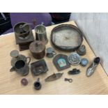 Selection of metalware includes trays, mincer etc