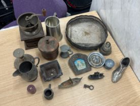 Selection of metalware includes trays, mincer etc