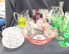 Quantity of glassware including some Uranium green wine glasses, large goblet, sundae dishes,