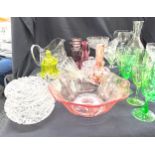 Quantity of glassware including some Uranium green wine glasses, large goblet, sundae dishes,
