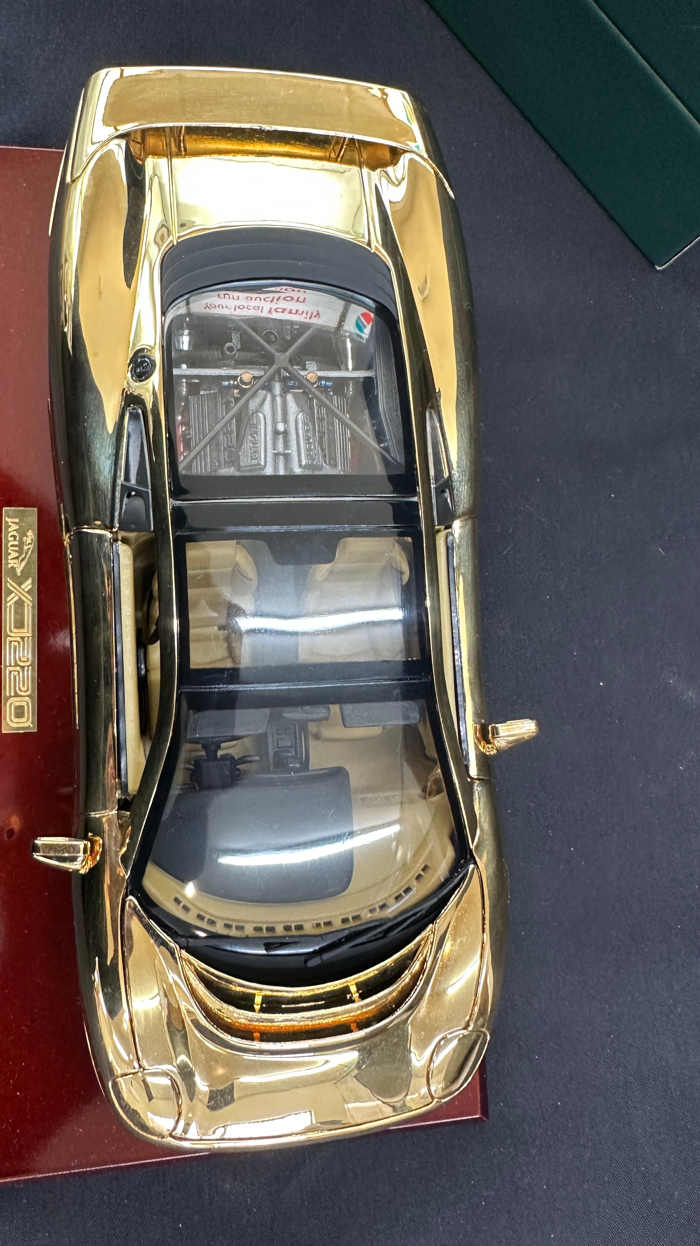 Boxed Jaguar XJ220 a 22 carat gold plate limited edition model car on stand, overall length of car - Image 4 of 4