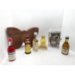 Selection of alcohol miniatures and a past times butterfly spice set includes Bells, Courvoisier etc