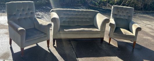 Edwardian upholstered three piece suite with drop arm sofa in good overall good condition- sofa