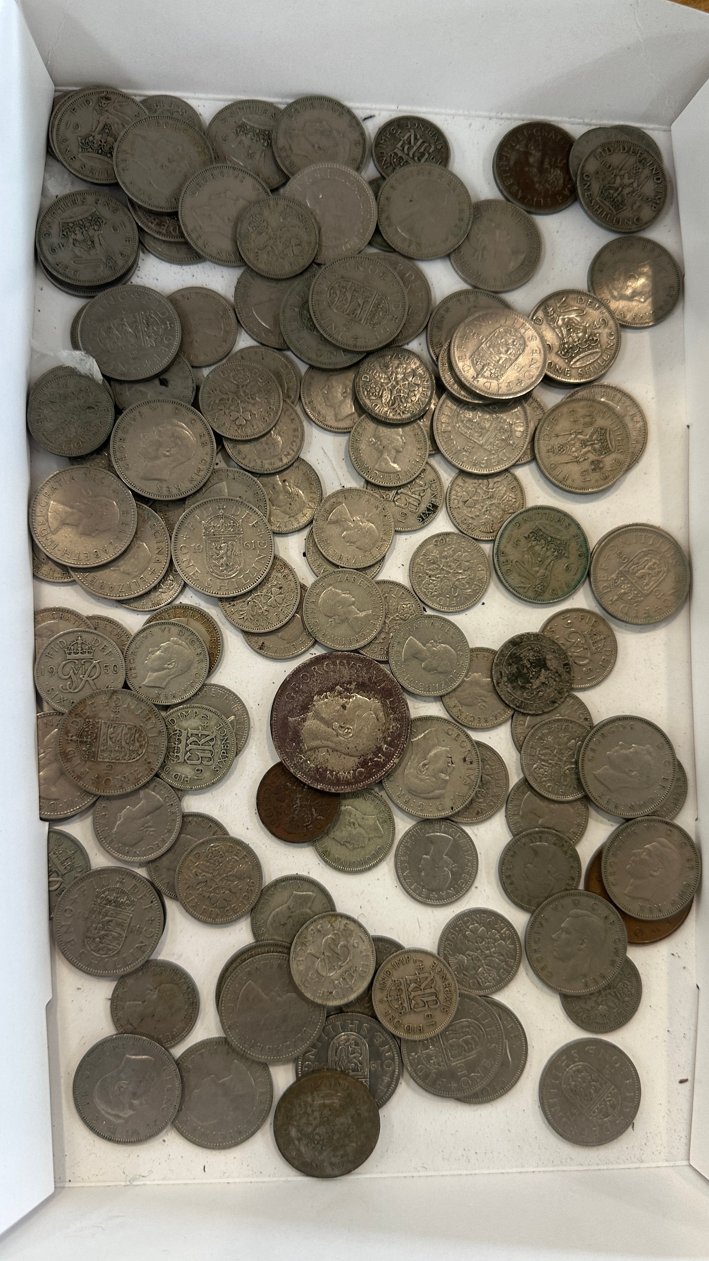 Tray of vintage coins includes six pences etc