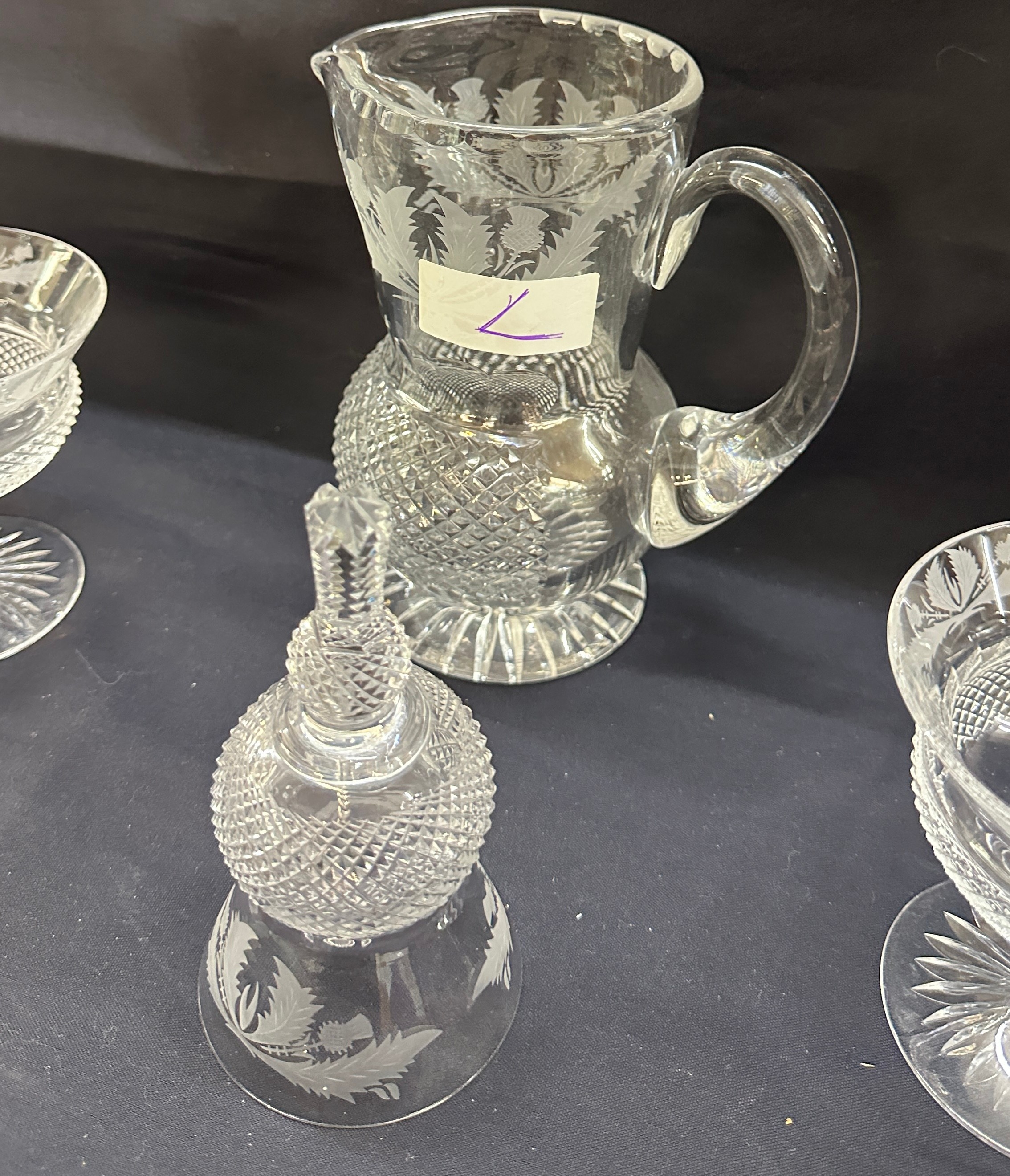 Edinburgh crystal glass ' Thistle' jug, bell and peach melba dishes - Image 3 of 4