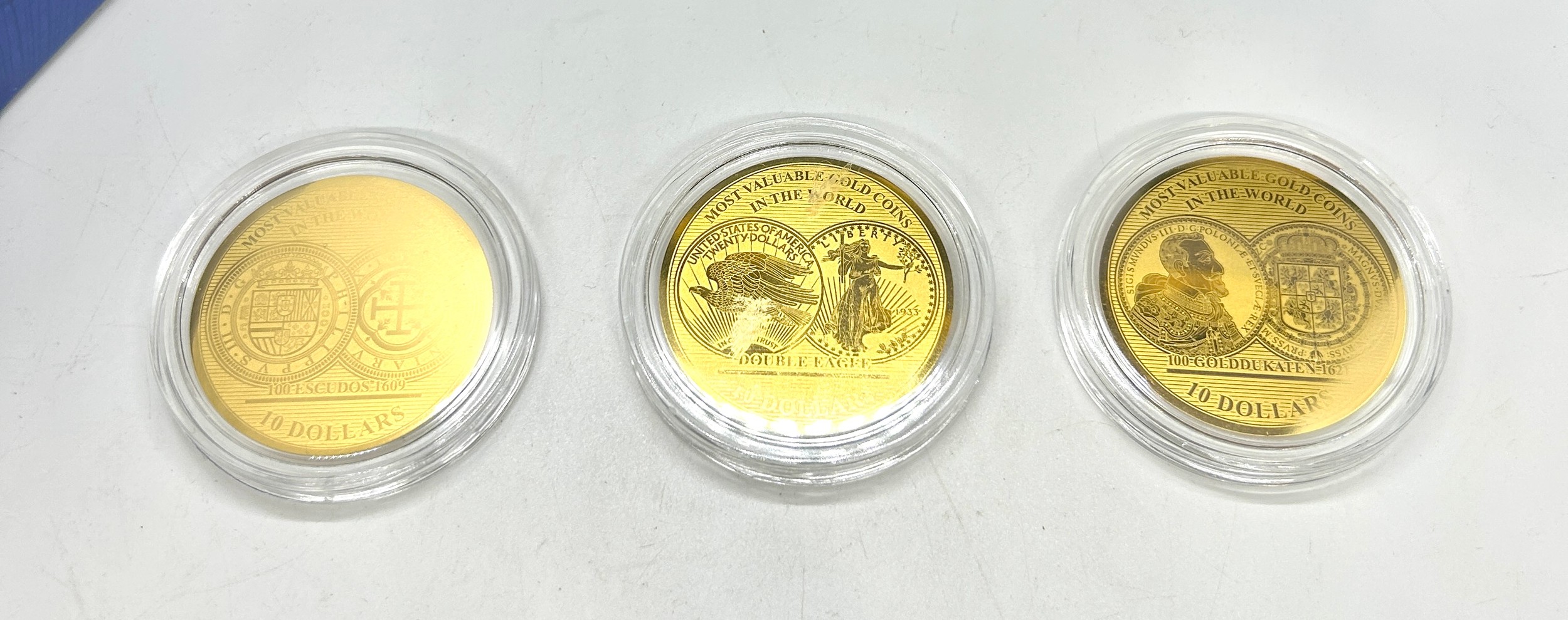 3 Solomon Islands, gold plated $10 coins by the worlds most valuable gold coins, to include USA - Image 3 of 3