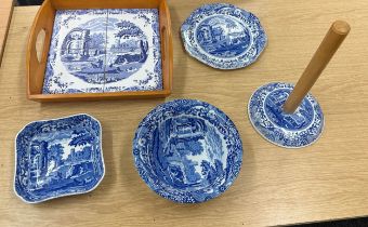 Spode Italian tray, roll holder and dishes