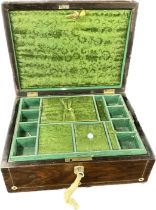 Mother of pearl inlaid Rosewood small sewing box with key, approximate measurements: Width 10