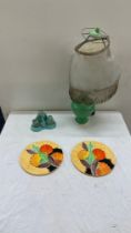 Susie cooper lamp, 2 Clarice Cliff style plaques and a 60s cruet set