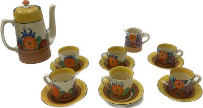 Clarice Cliff Gay Day coffee set includes 6 Cups and saucers, Tea Pot, sugary bowl, Milk Jug is