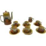 Clarice Cliff Gay Day coffee set includes 6 Cups and saucers, Tea Pot, sugary bowl, Milk Jug is