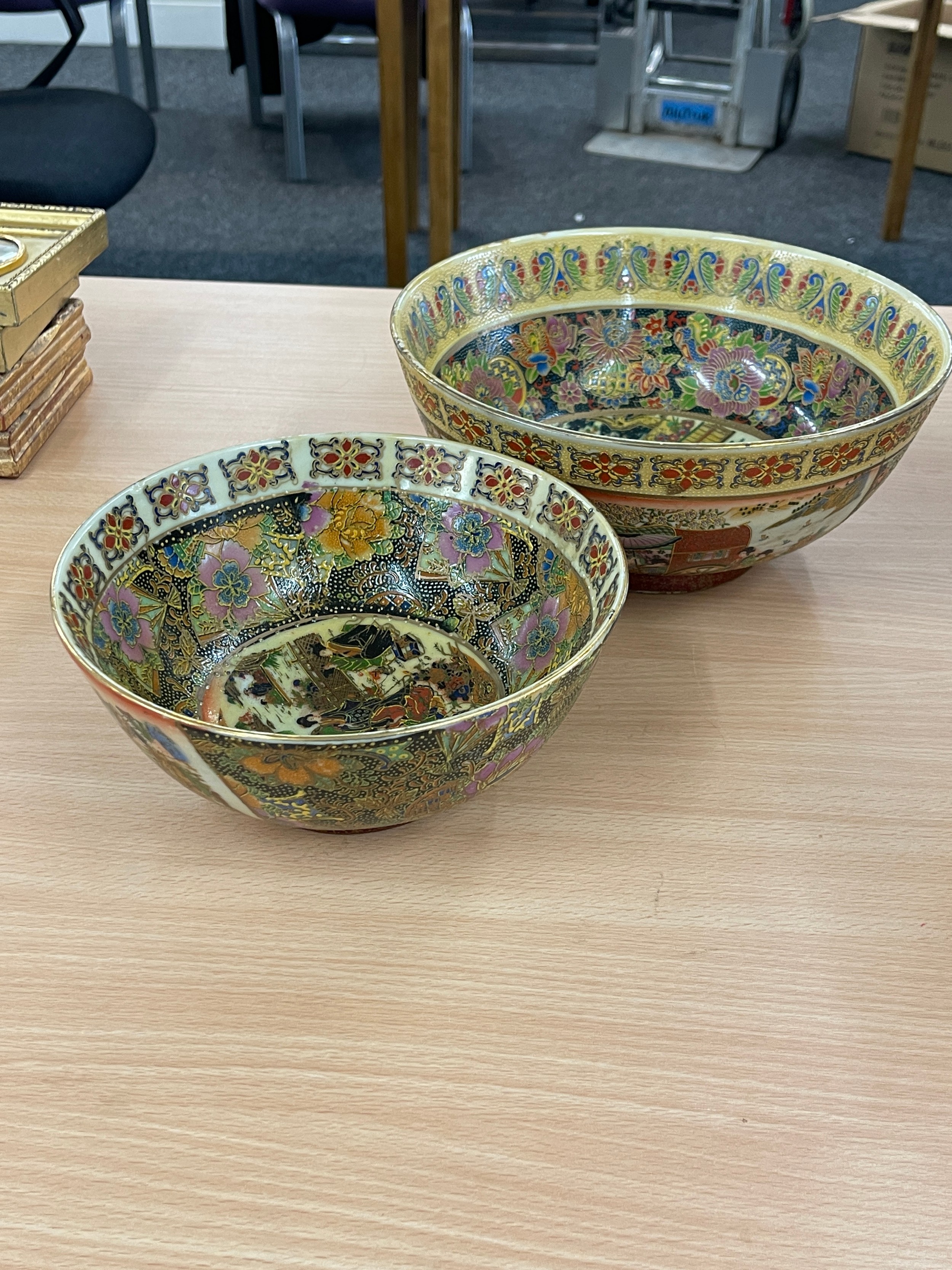 2 Japanese hand painted bowls, largest measures approximately 10 inches diameter 4.5 inches tall