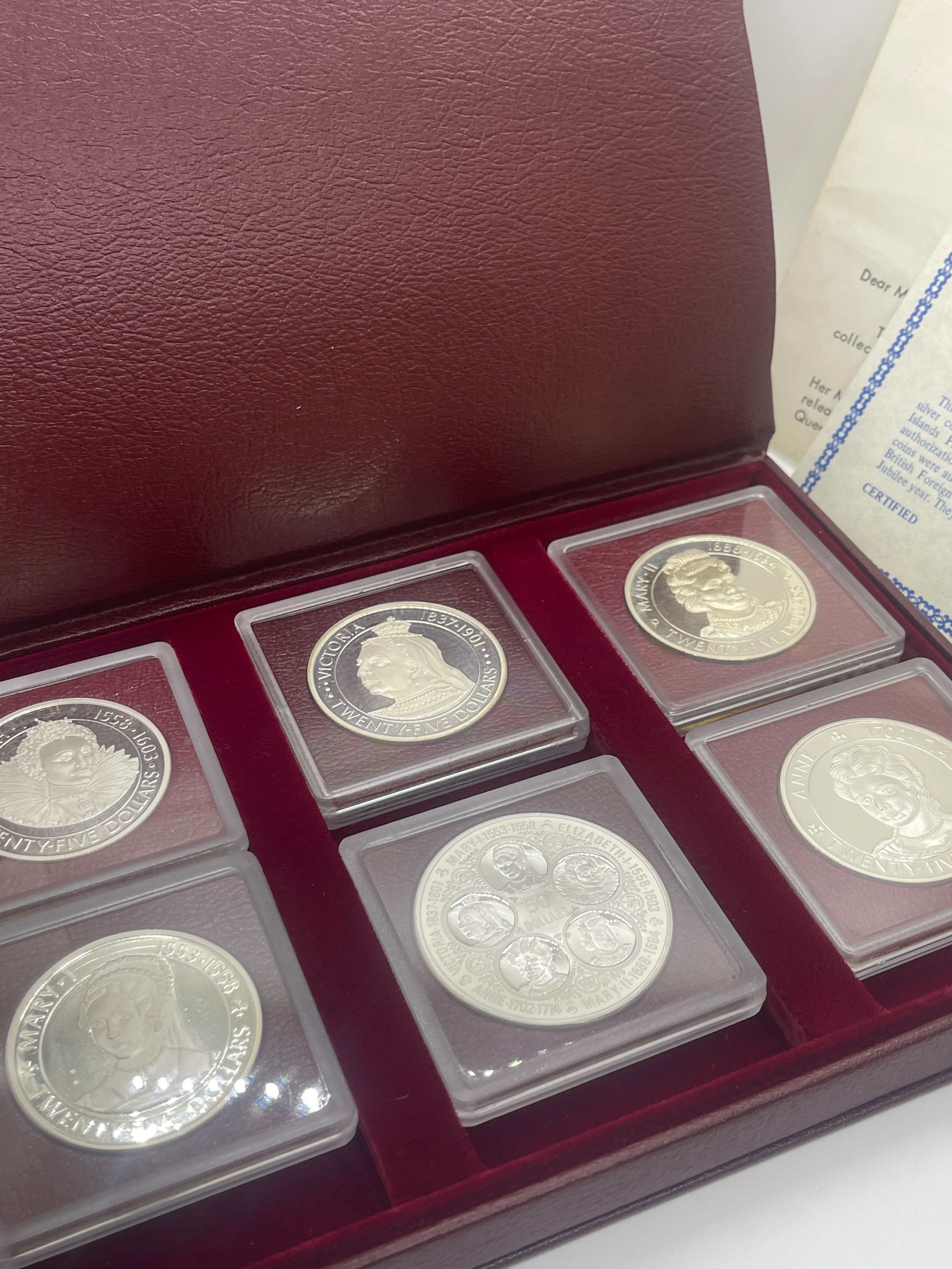 Boxed the Cayman island silver queens collection 1977 coin set with COA - Image 3 of 5