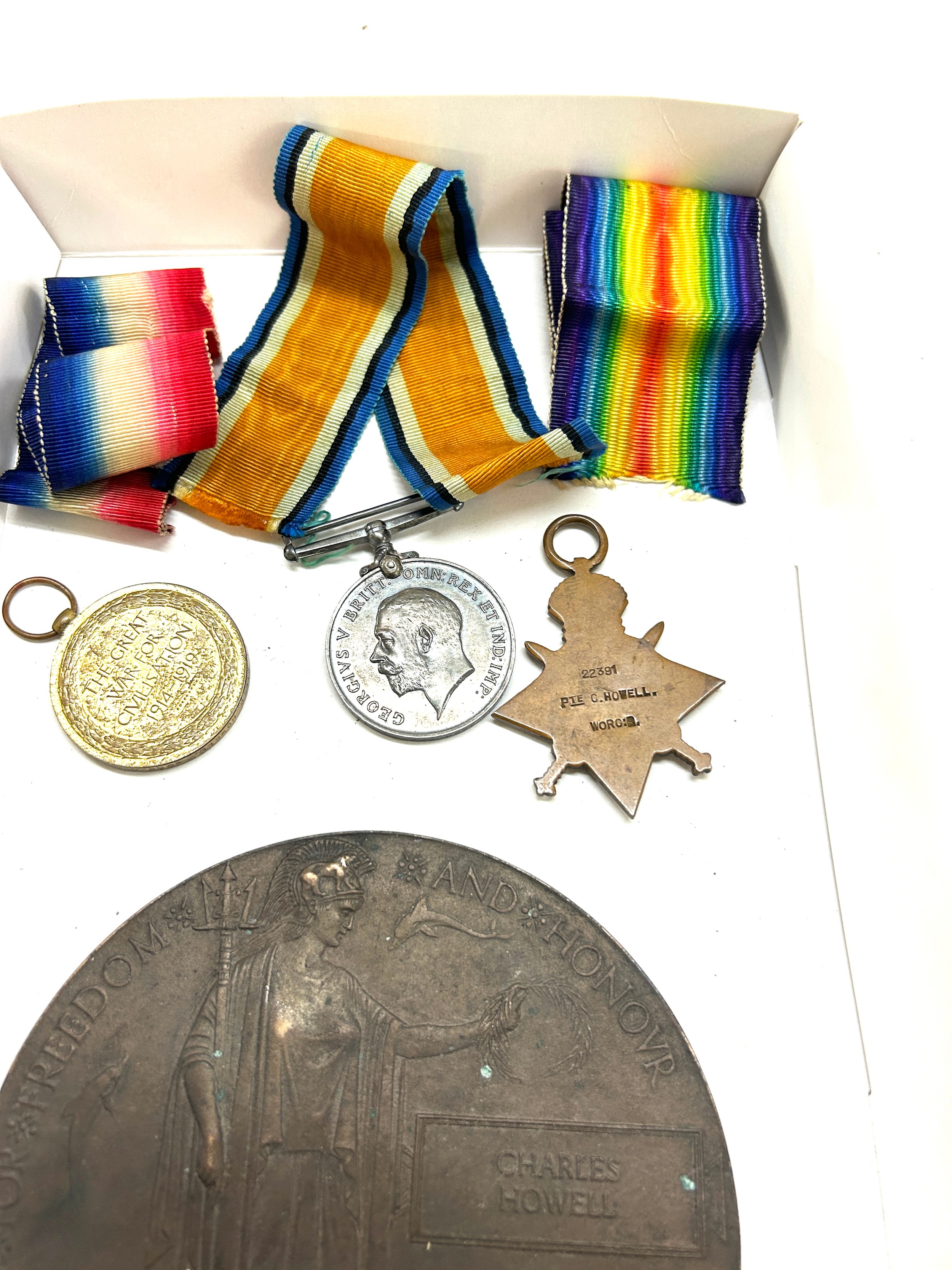 Set of WW1 military medals to 'PTECHOWEll WORC.R 22 391' with death plaque - Image 4 of 4