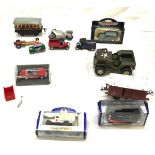 Mix of diecast cars, tin plate train carriages, tonka jeep etc