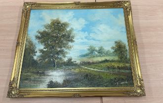 gilt framed oil on board signed measures approx 27 inches wide by 23 long