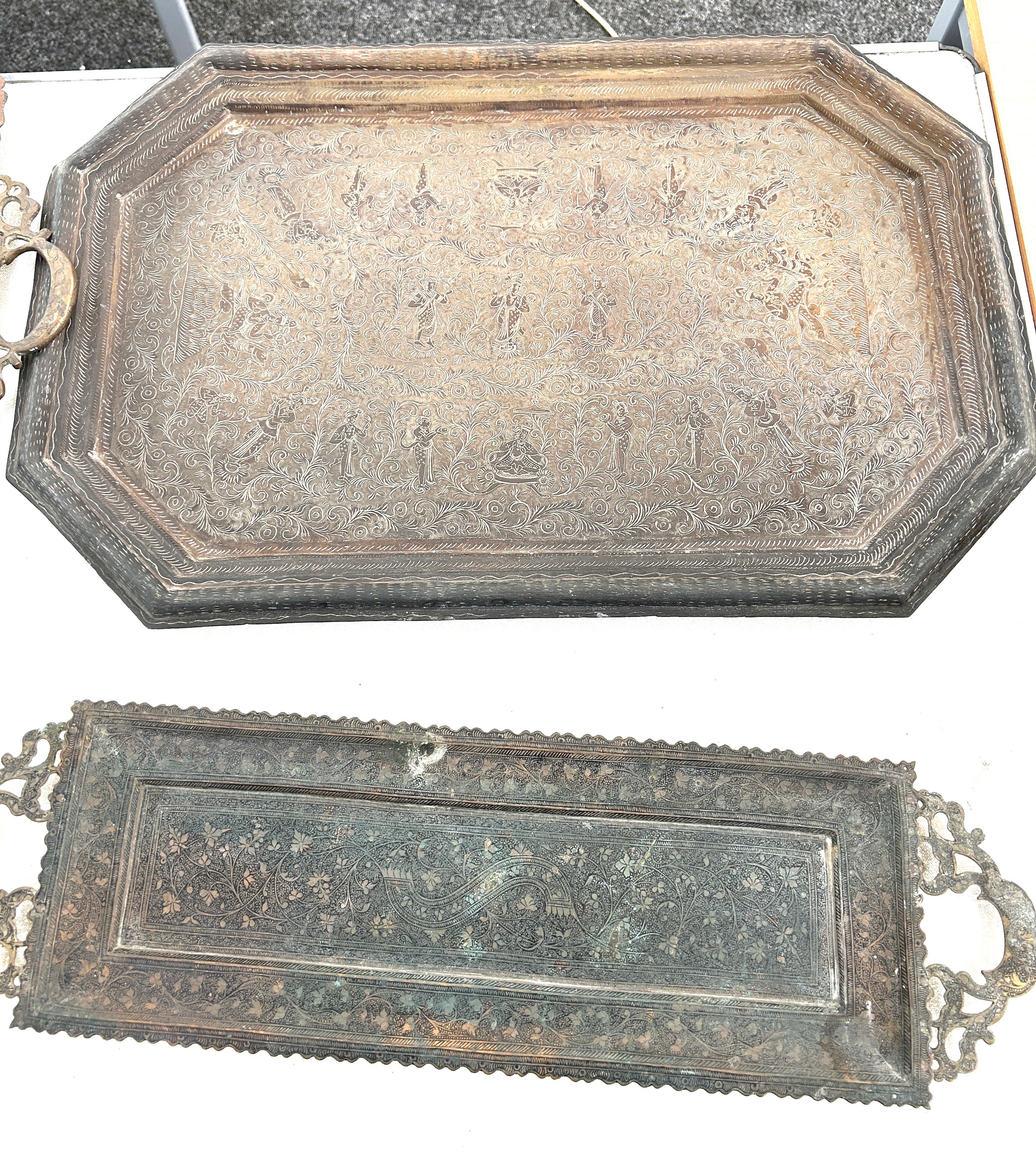 3 Antique Indian finely chased serving/ tea trays and a large vintage serving tray with silver - Image 2 of 4