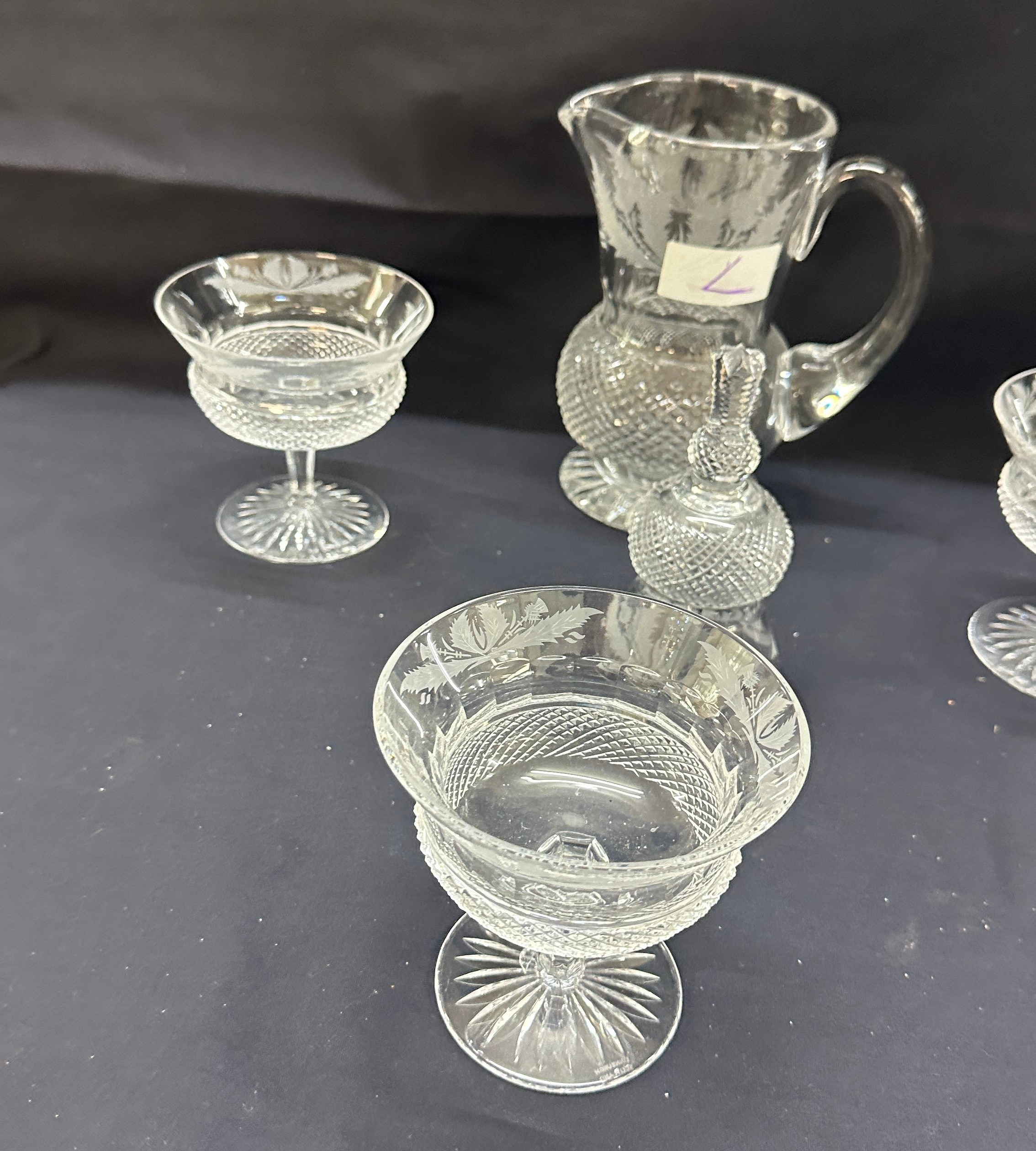 Edinburgh crystal glass ' Thistle' jug, bell and peach melba dishes - Image 4 of 4