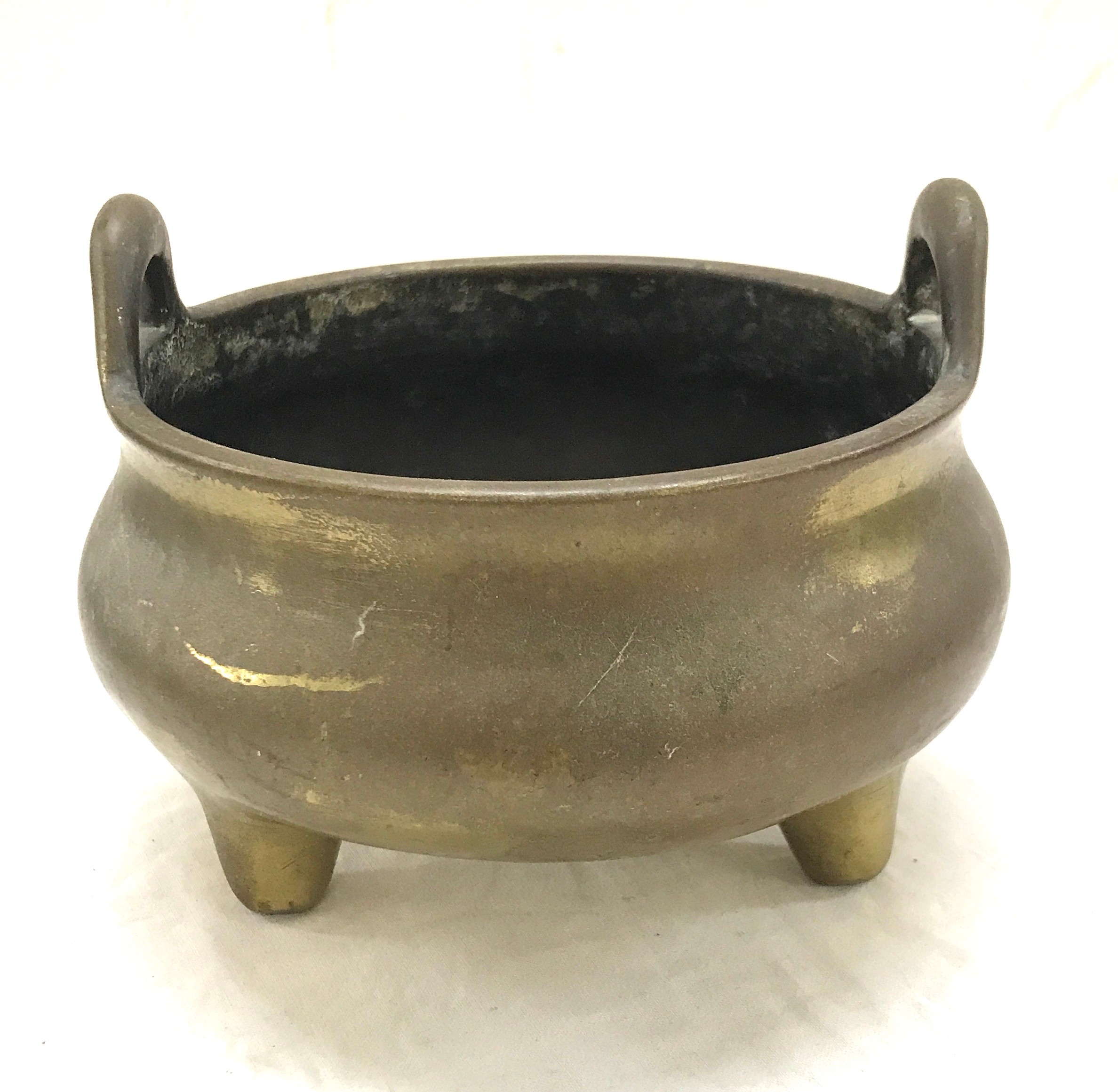 Chinese brass 3 legged bowl, marks to base