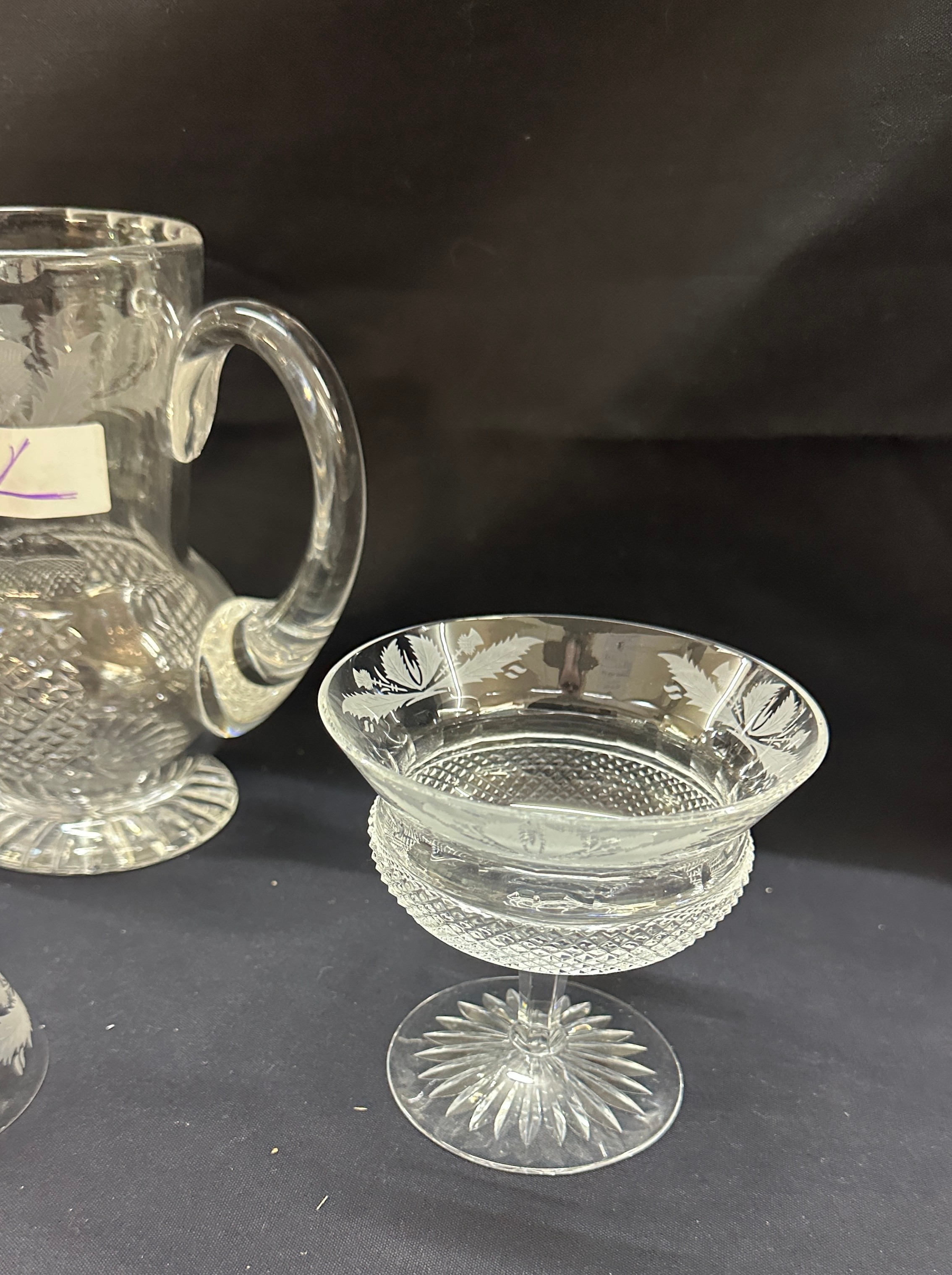 Edinburgh crystal glass ' Thistle' jug, bell and peach melba dishes - Image 2 of 4