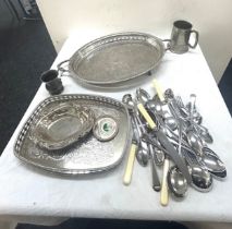 Selection of metal ware includes trays, cutlery etc
