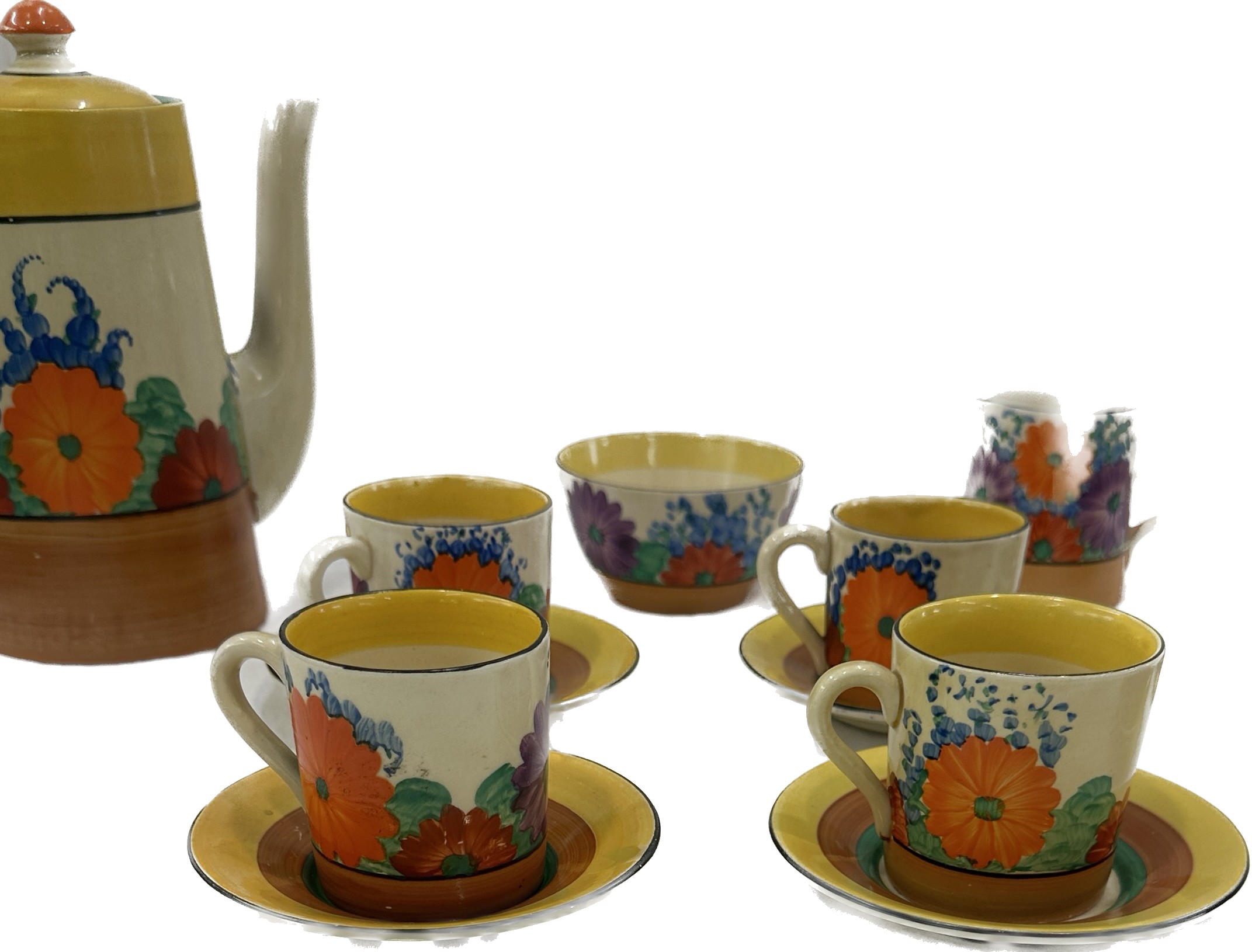 Clarice Cliff Gay Day coffee set includes 6 Cups and saucers, Tea Pot, sugary bowl, Milk Jug is - Image 3 of 9