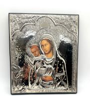 Sterling silver religious icon, hall marked- measures approx 8.5 inches tall by 7.5 wide