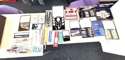 Large quantity or vintage cased cutlery sets, silver plated, steel etc