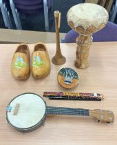 Selection of musical instruments to include Vintage Banjolele pre 1940's, 7 key thumb piano, wood