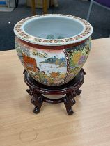 Japanese hand painted jardiniere on a wooden stand 6 inches tall 8 inches diameter and a Hand