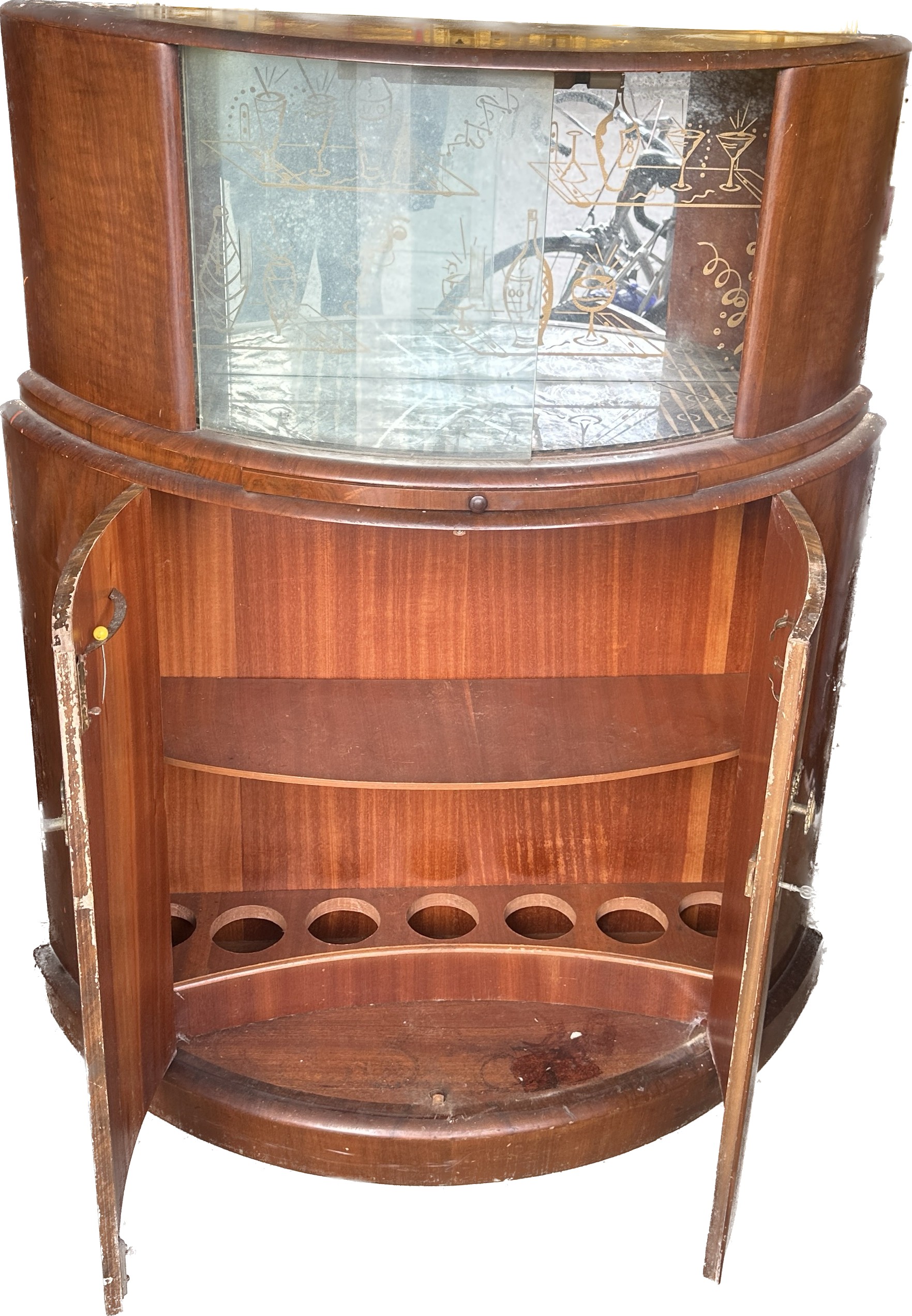 Art deco drinks cabinet measures approx 50 inches tall, 40 inches wide, 15 deep- crack to glass - Image 2 of 3