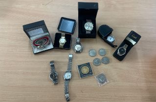 Selection of gents wrist watches and mixed coins