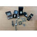 Selection of gents wrist watches and mixed coins