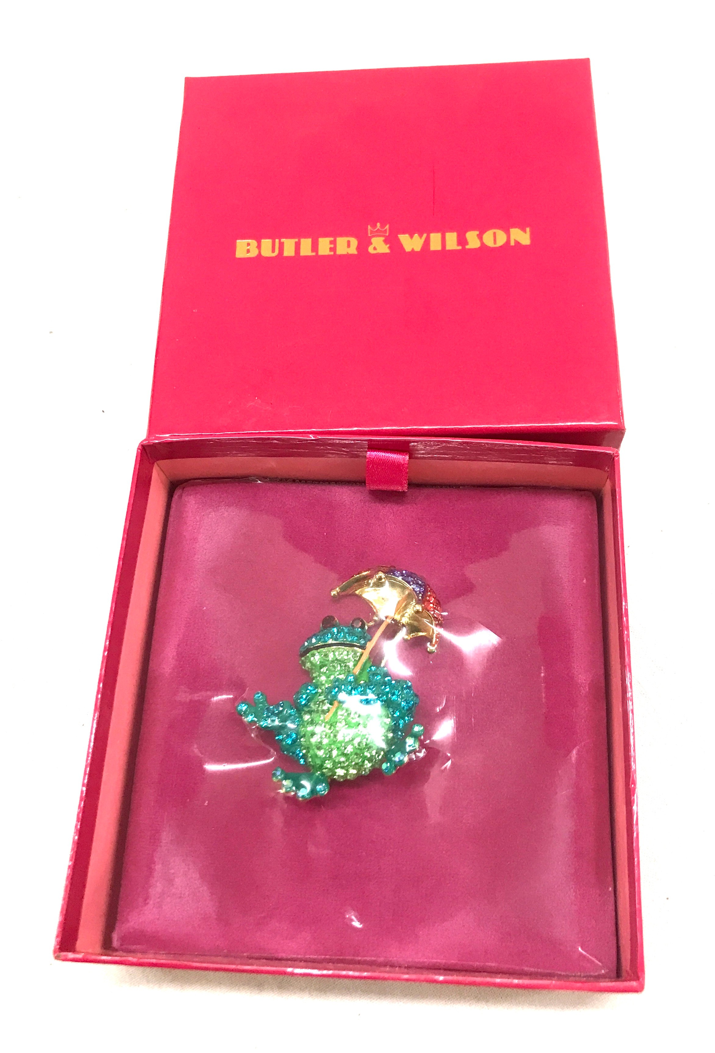 Butler and Wilson Frog With umbrella brooch, brand new in box